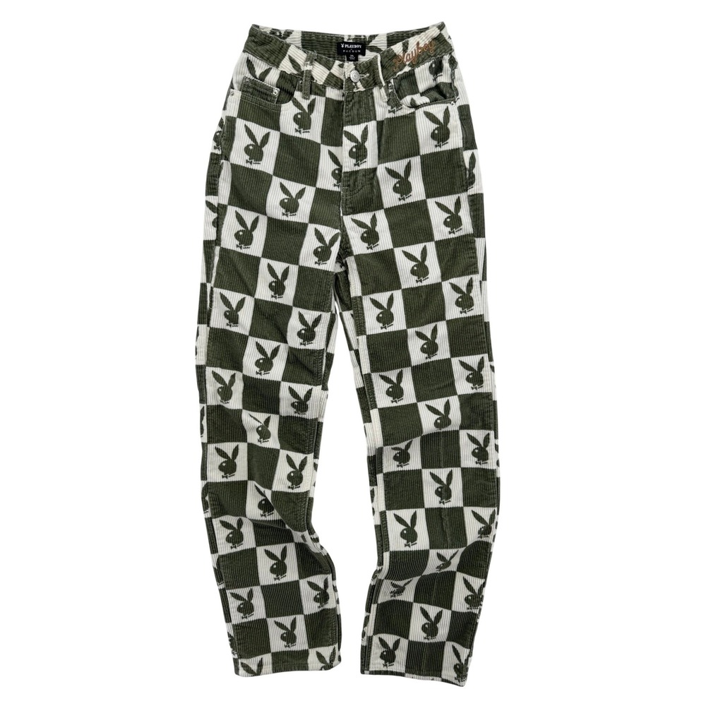 Womens Playboy by PacSun Green Checkered Bunny Corduroy Pants 25 High Rise